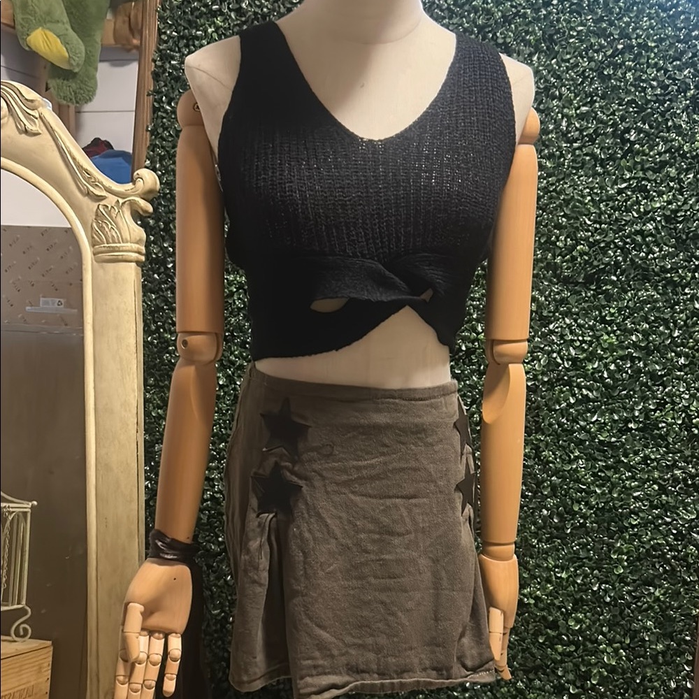 Black Knit Crop Top and Olive Skirt Set